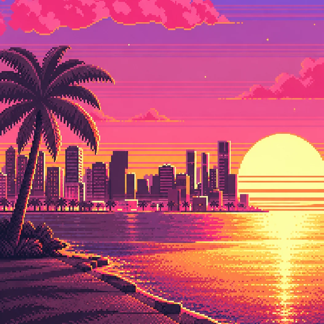Palmeras y horizonte de Vice City frente al mar al atardecer
